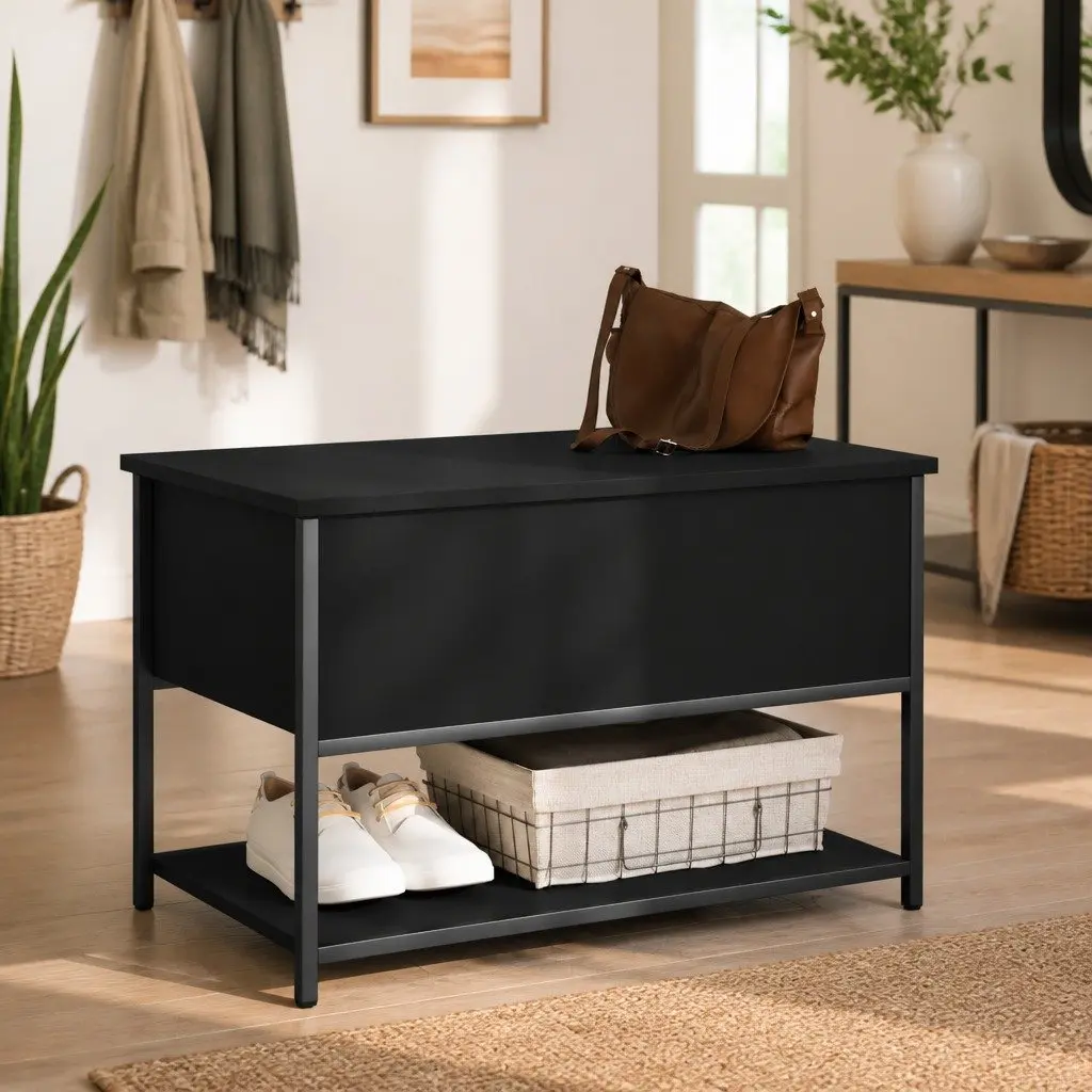 Black Storage Bench with Metal Frame 70x42.5x47cm