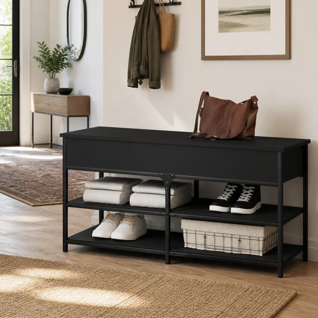 Black Storage Bench for Shoe Organisation
