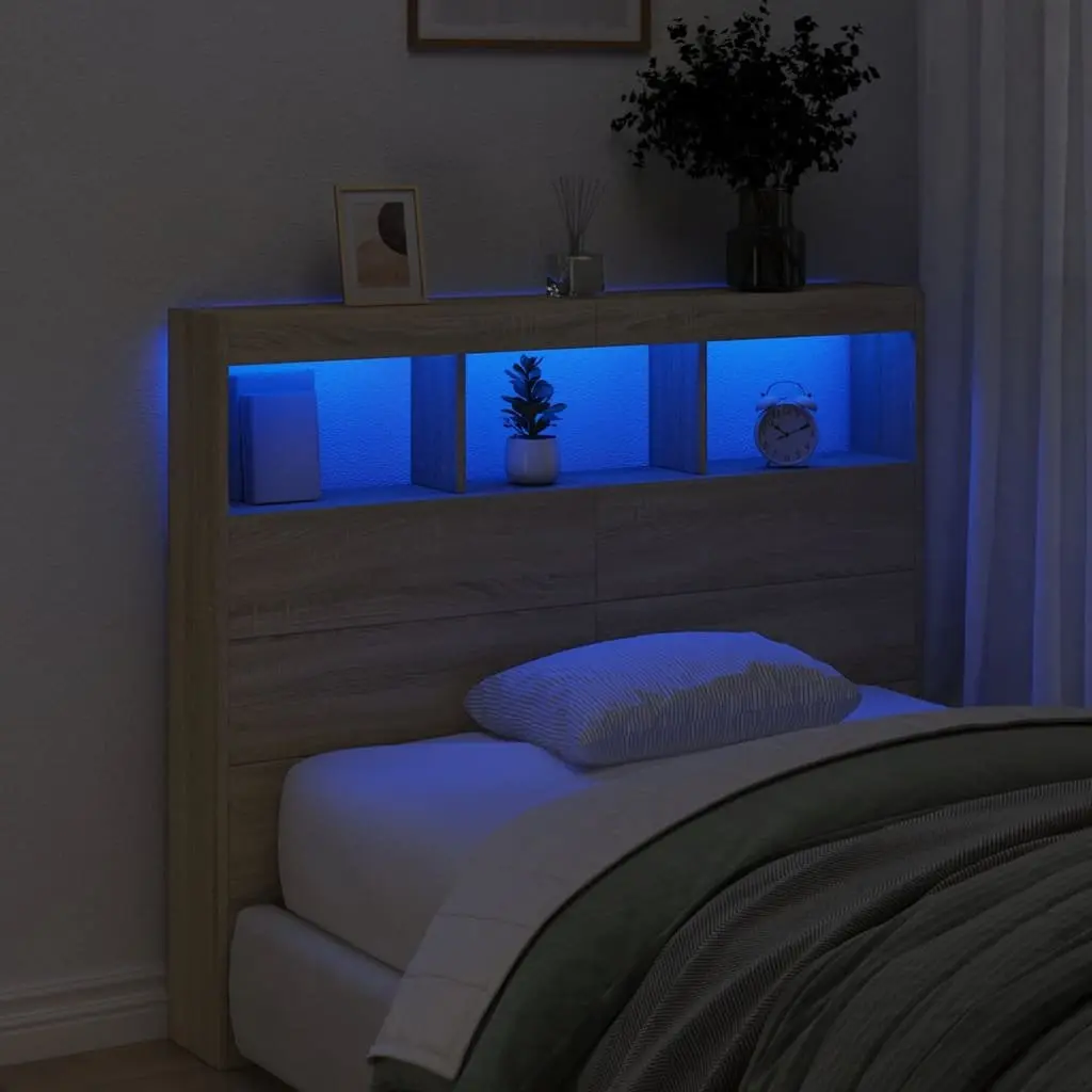 Headboard Cabinet Engineered Wood 120 cm Brown RGB LED Lights Storage