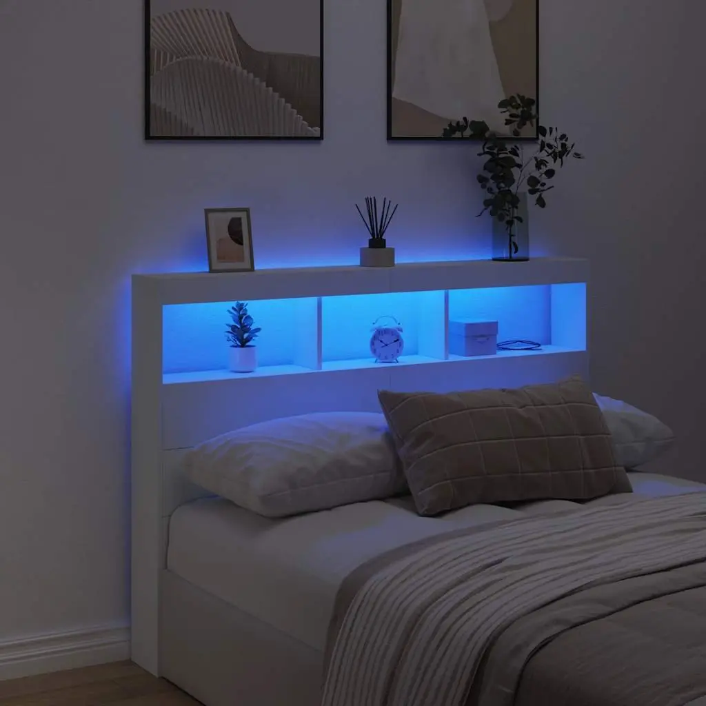 Headboard Cabinet Engineered Wood 140 cm White with RGB LED Lights