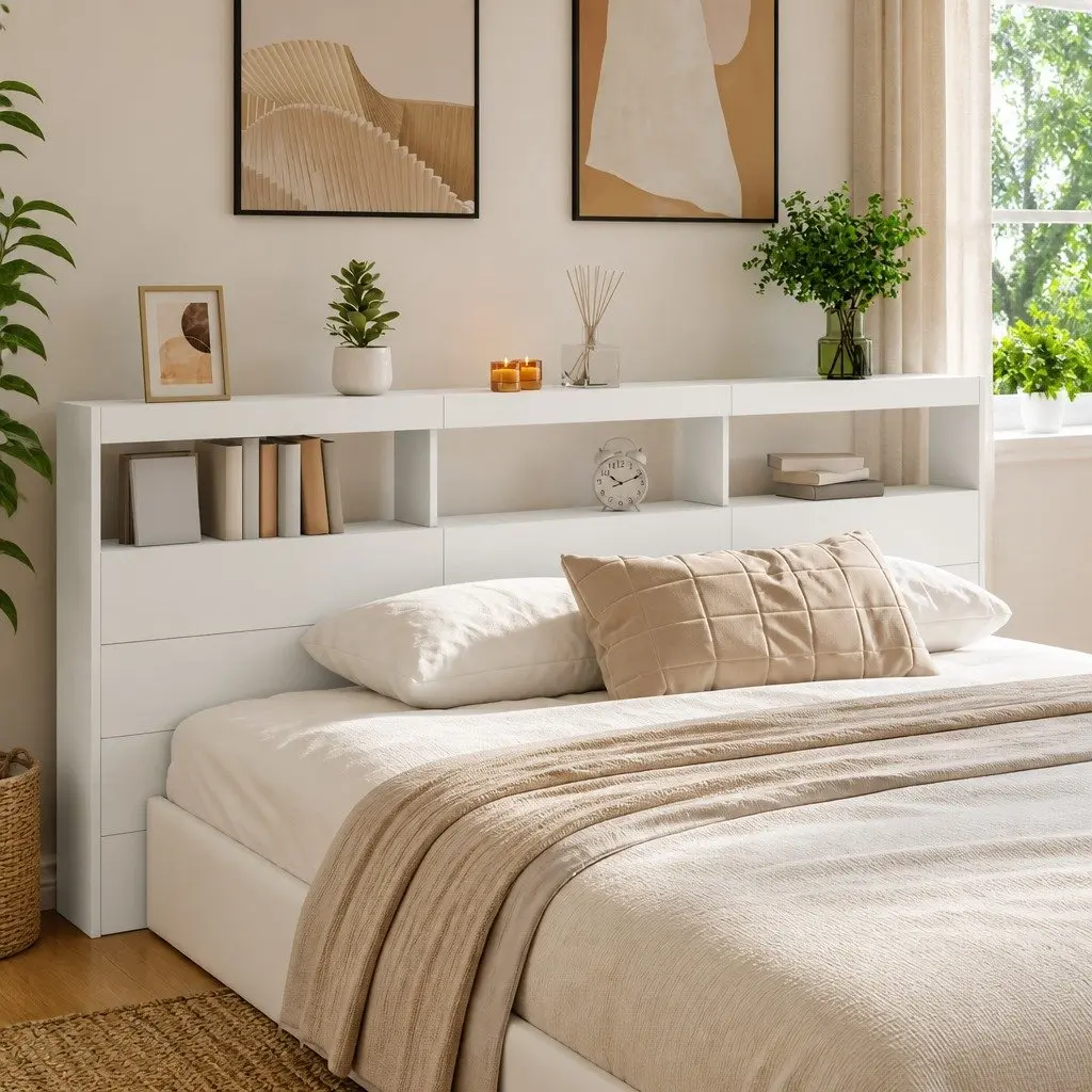 White LED Headboard Cabinet for Storage 220x17x102cm