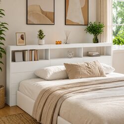 Stylish White LED Headboard Cabinet for Storage 220x17x102cm