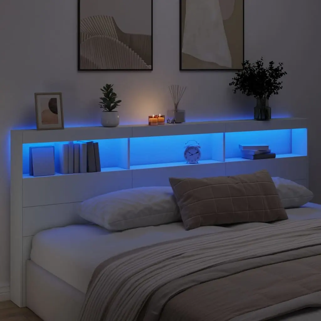 White LED Headboard Cabinet for Storage 220x17x102cm