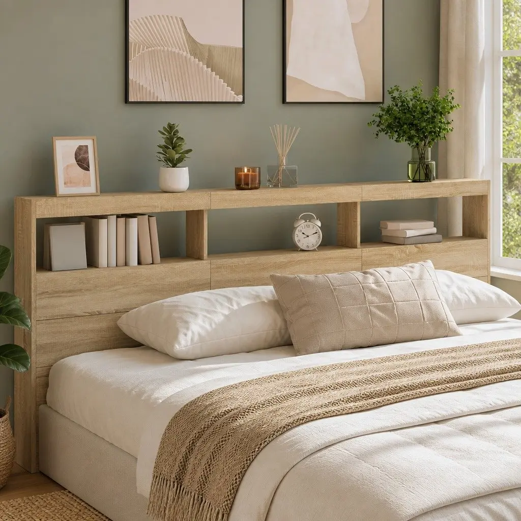 Brown Headboard Cabinet with LED Lights for Storage