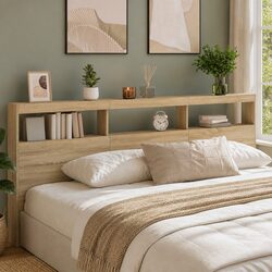Brown Headboard Cabinet with LED Lights for Storage
