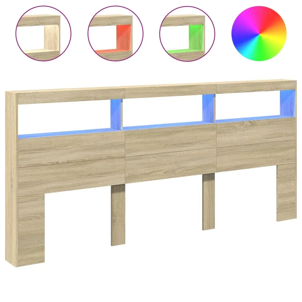 Brown Headboard Cabinet with LED Lights for Storage