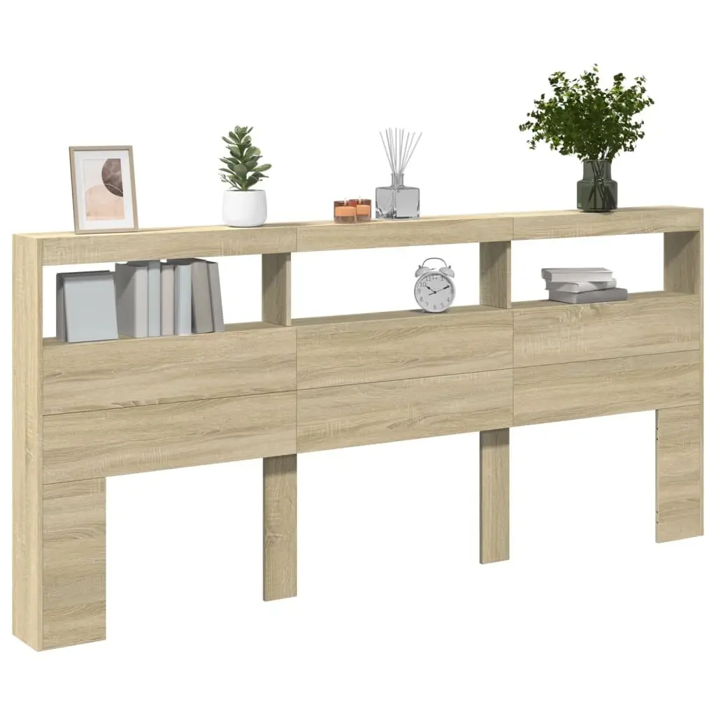 Brown Headboard Cabinet with LED Lights for Storage