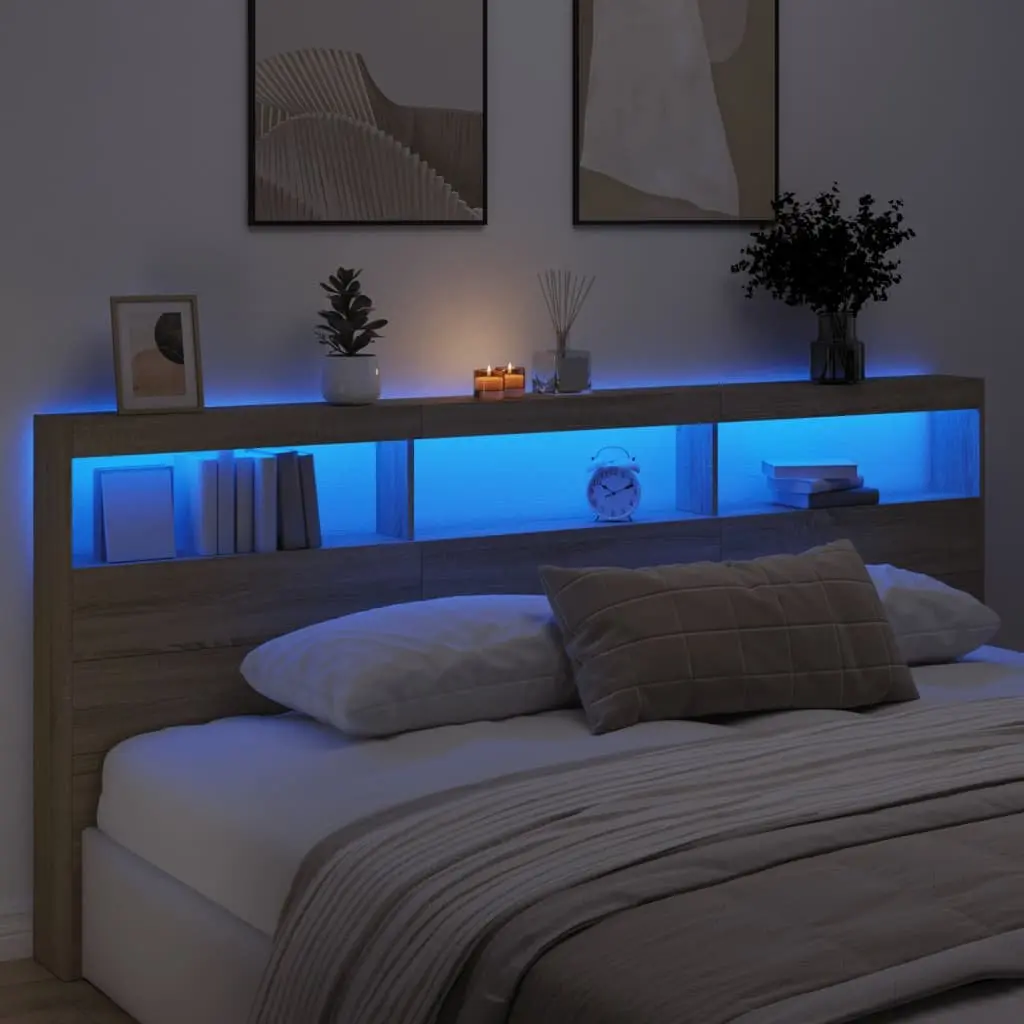 Brown Headboard Cabinet with LED Lights for Storage