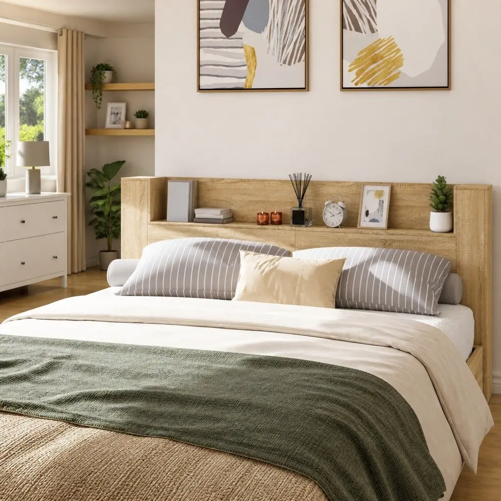 Headboard Cabinet Engineered Wood 220 x 16.5 x 103.5 cm Brown with RGB LED Lights Open Shelf Storage