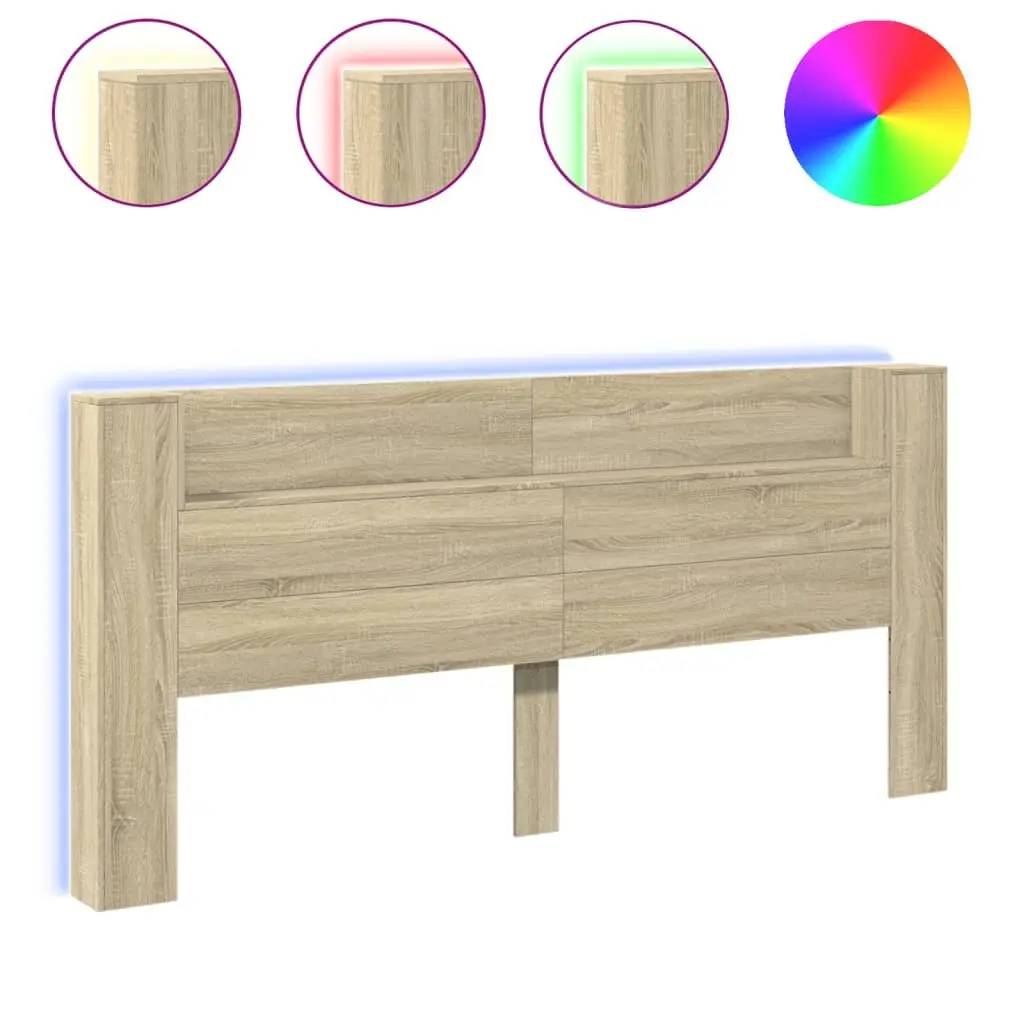 Headboard Cabinet Engineered Wood 220 x 16.5 x 103.5 cm Brown with RGB LED Lights Open Shelf Storage