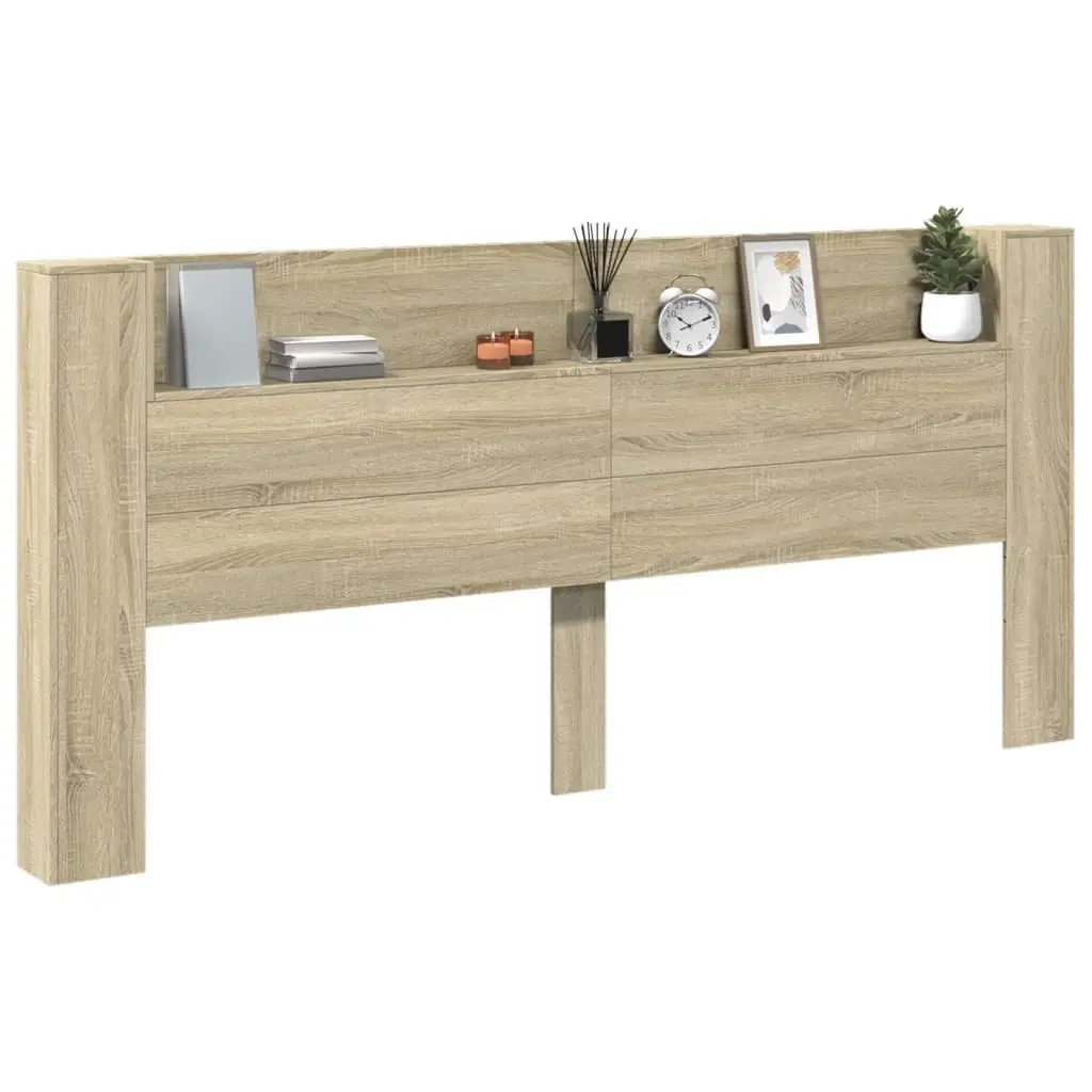 Headboard Cabinet Engineered Wood 220 x 16.5 x 103.5 cm Brown with RGB LED Lights Open Shelf Storage