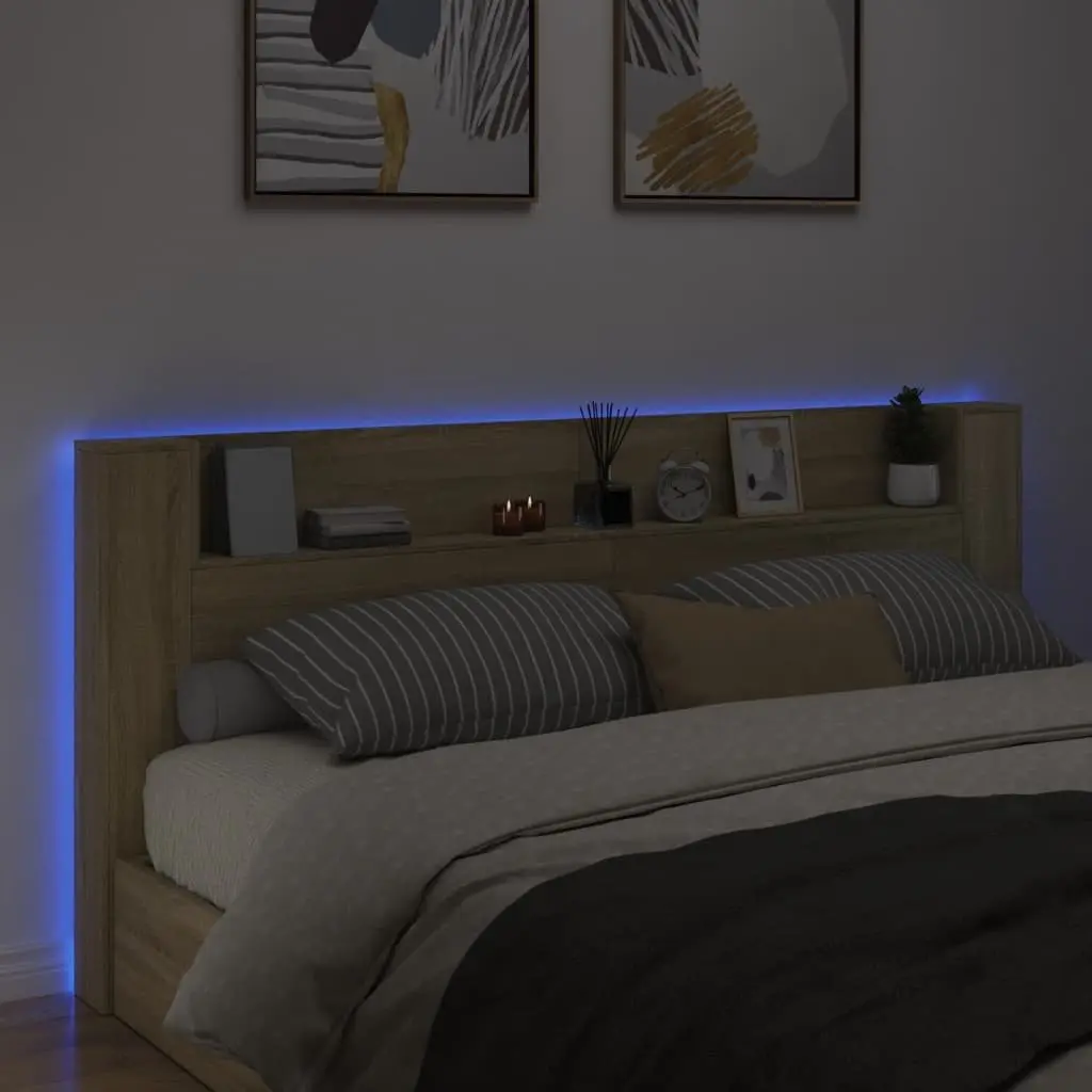 Headboard Cabinet Engineered Wood 220 x 16.5 x 103.5 cm Brown with RGB LED Lights Open Shelf Storage