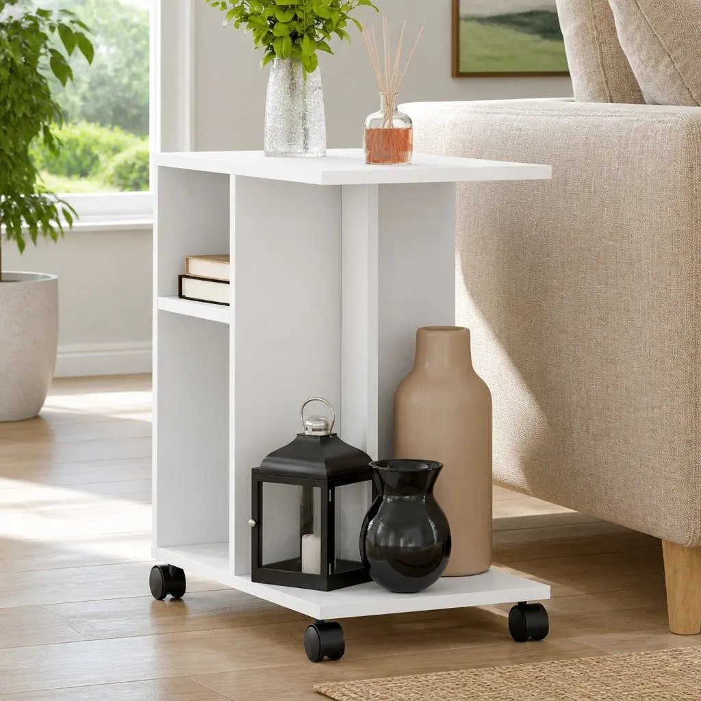 White Side Table with Storage and Wheels