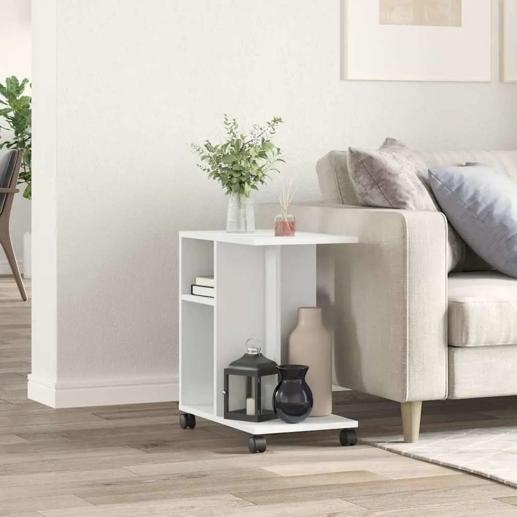 White Side Table with Storage and Wheels
