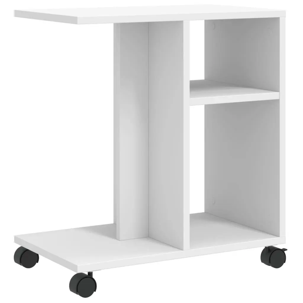 White Side Table with Storage and Wheels