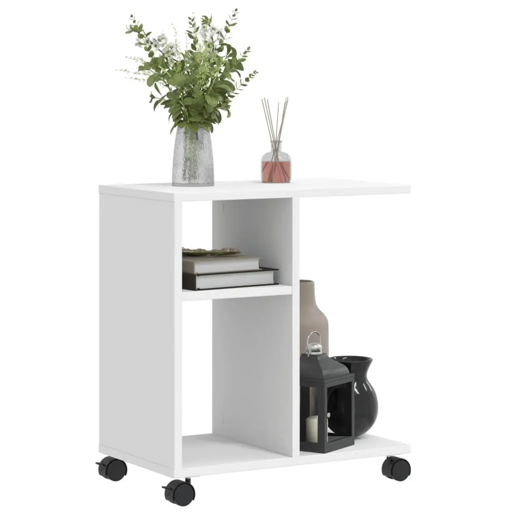 White Side Table with Storage and Wheels