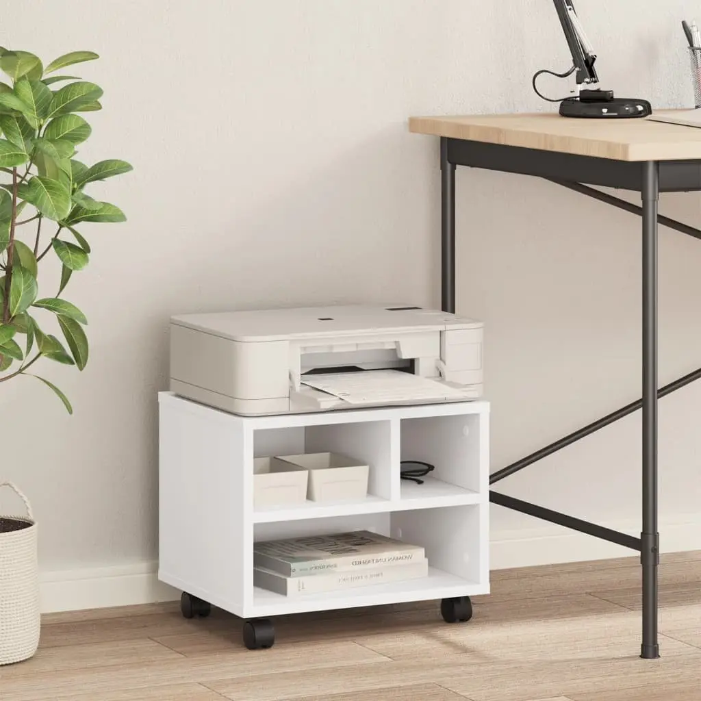 Printer Stand Engineered Wood 41 x 32 x 34.5 cm White Mobile Office Desk Organiser Storage Table