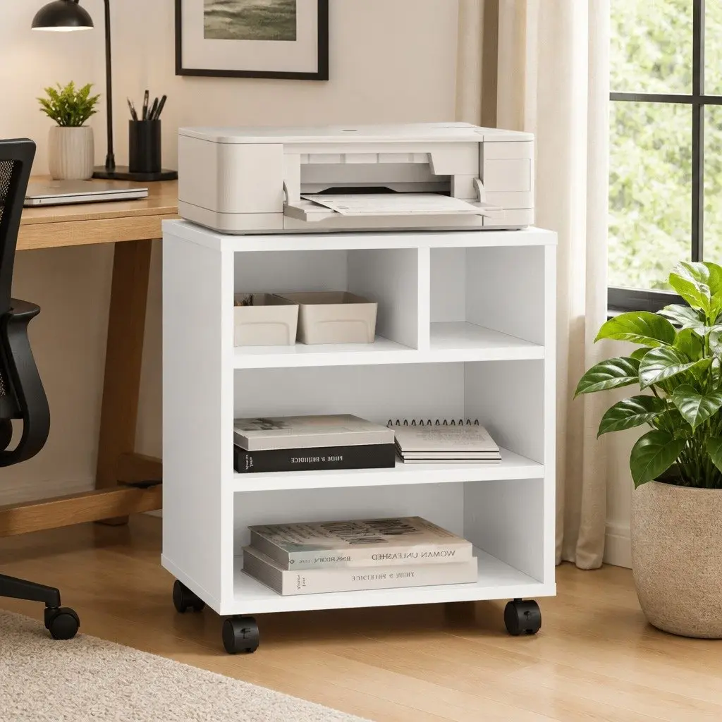 Printer Stand Engineered Wood 41 x 32 x 48 cm White Mobile Organiser Storage Shelf