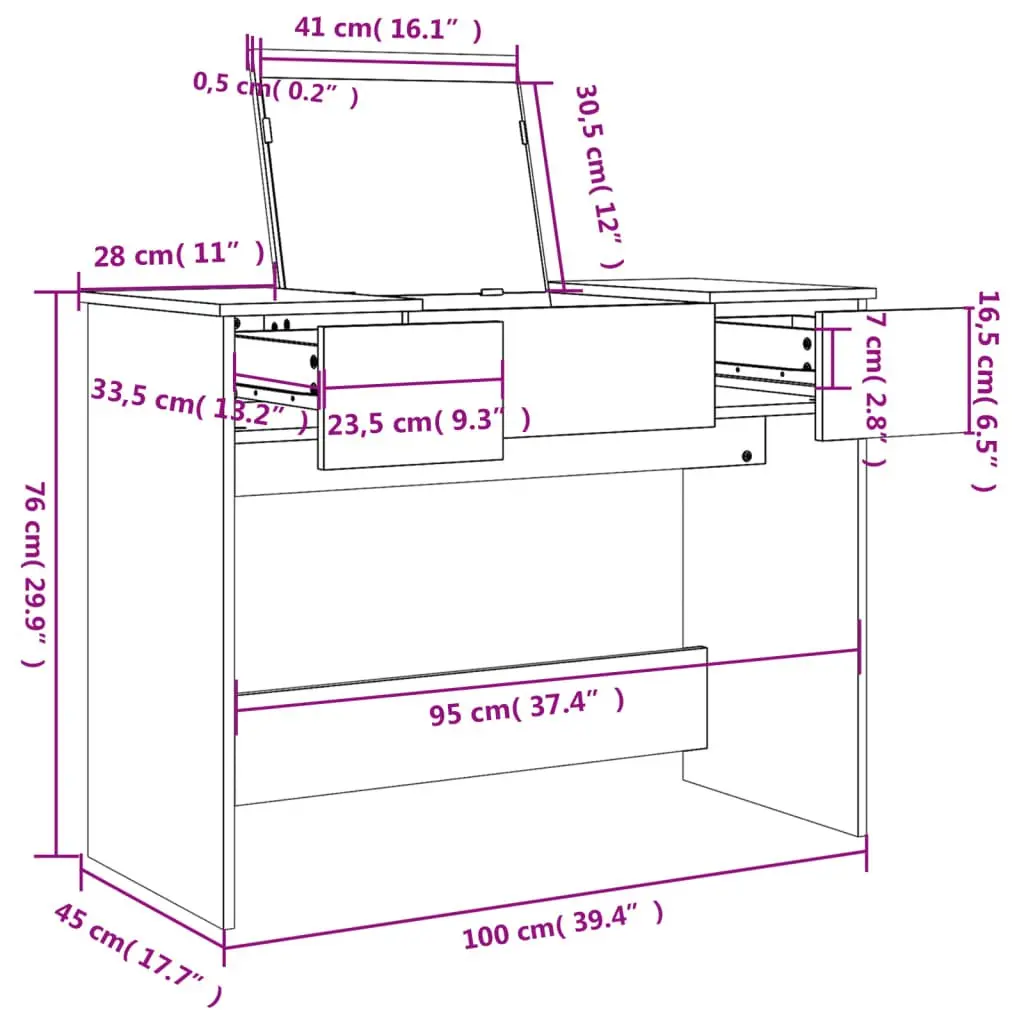 White Dressing Table with Mirror 100x45x76cm