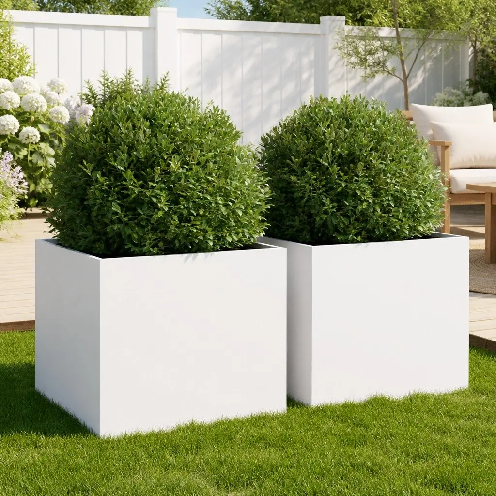 Steel Planters 2pcs White Garden Flower Pots Outdoor Raised Beds Decor