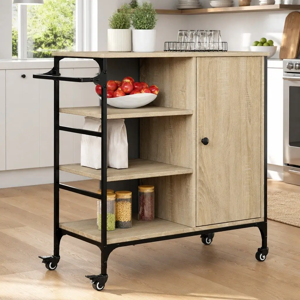 Brown Kitchen Trolley with Wheels and Towel Rack