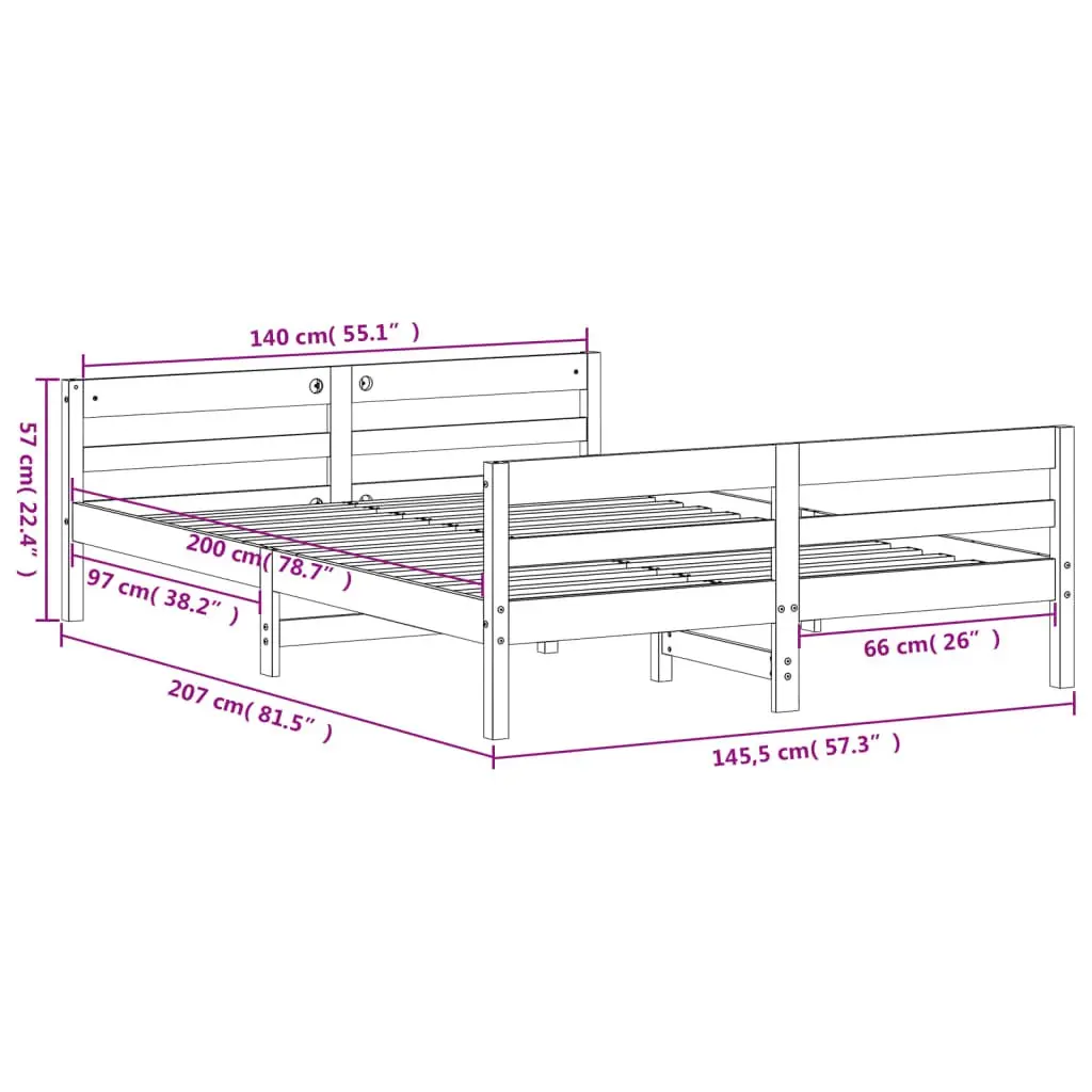 Solid Pine Wood Double Bed Frame 137x187cm in Brown