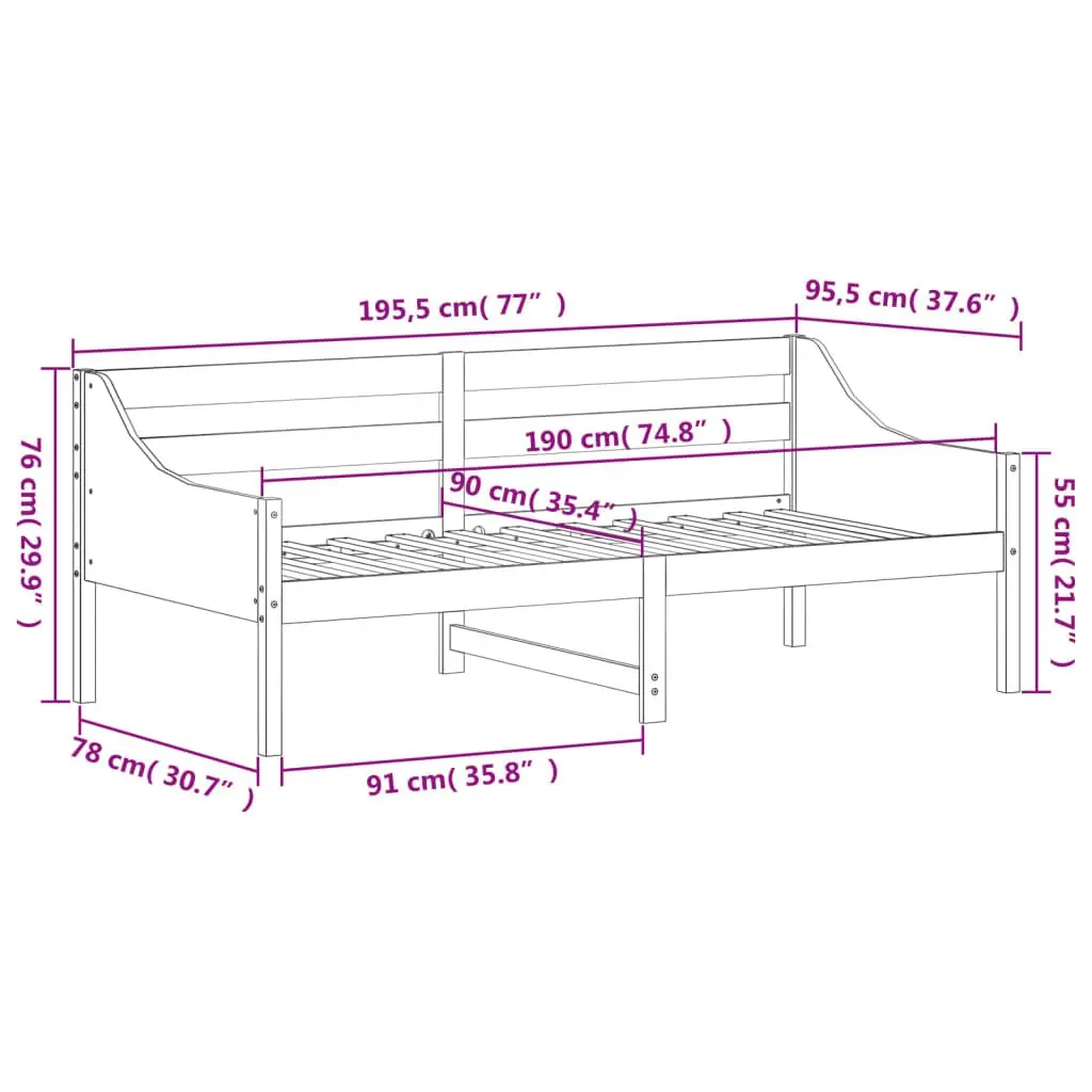 Solid Wood Pine Day Bed Frame in White 90x190 cm