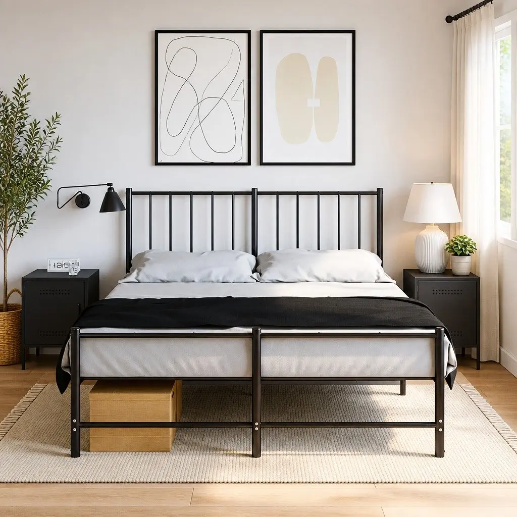 Bedside Cabinets Steel Black 2 Piece Industrial Nightstand Storage Side Table