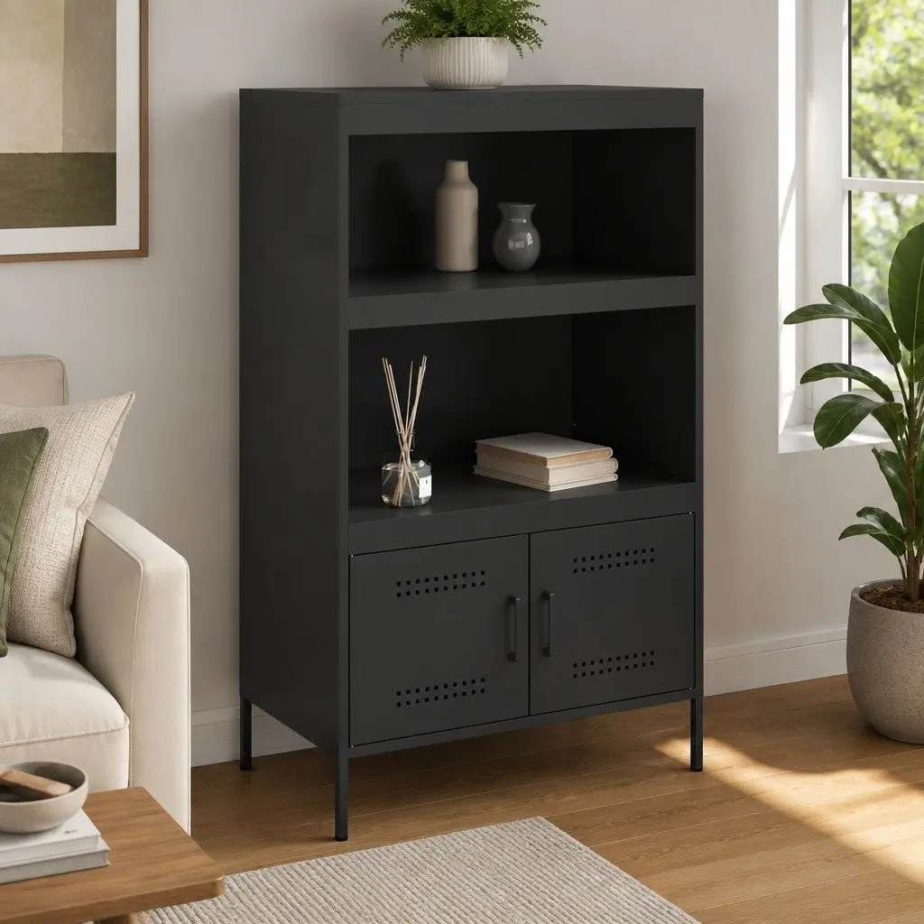 Highboard Storage Cabinet Steel 68 x 39 x 113 cm Black Industrial Style