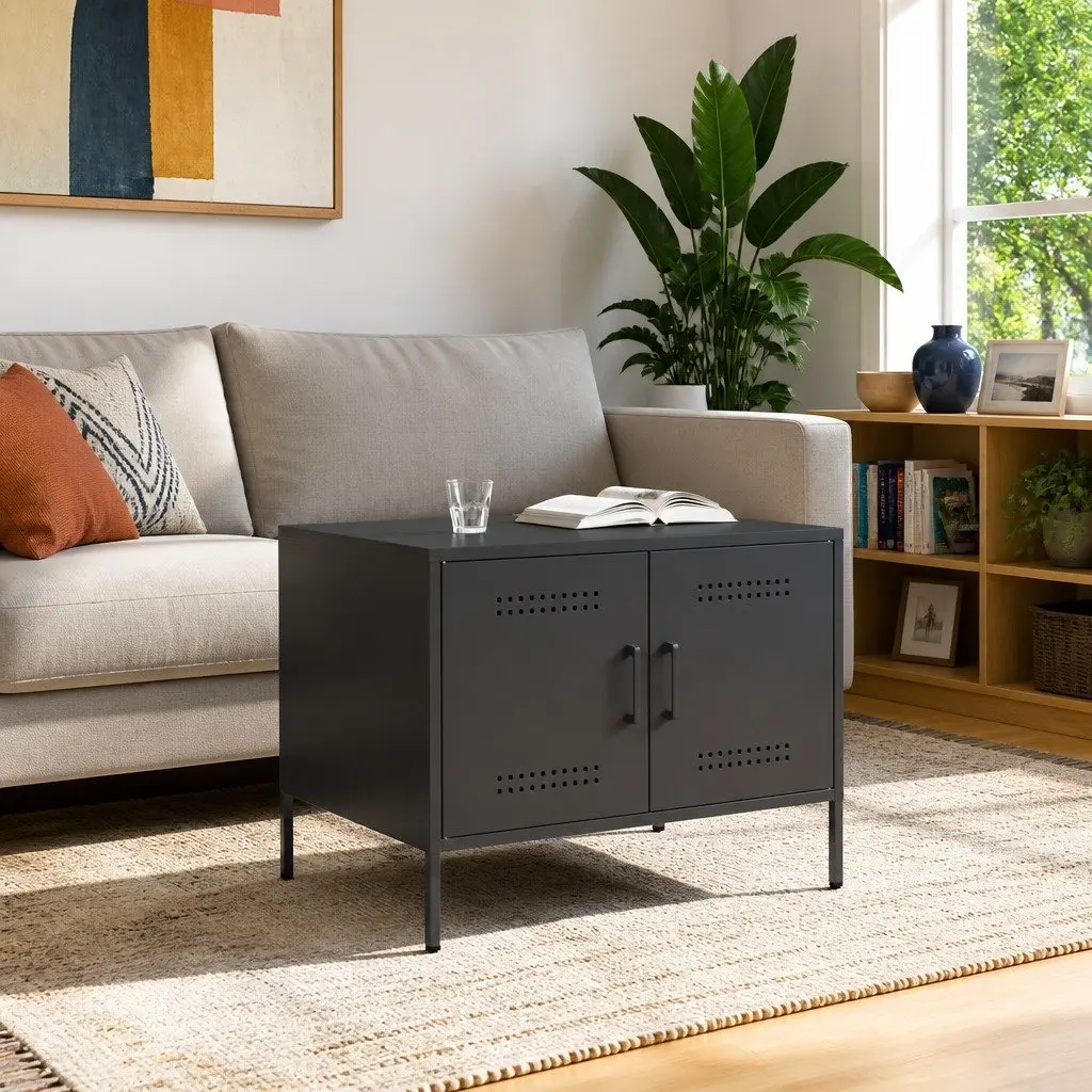Industrial Coffee Table with Storage in Black
