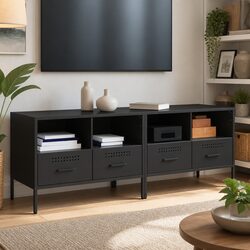 Sturdy Black Industrial TV Cabinets - 2 Piece Set