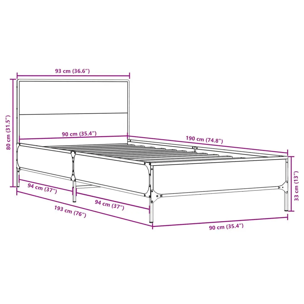 Black Bed Frame 90x190 cm with Metal Legs