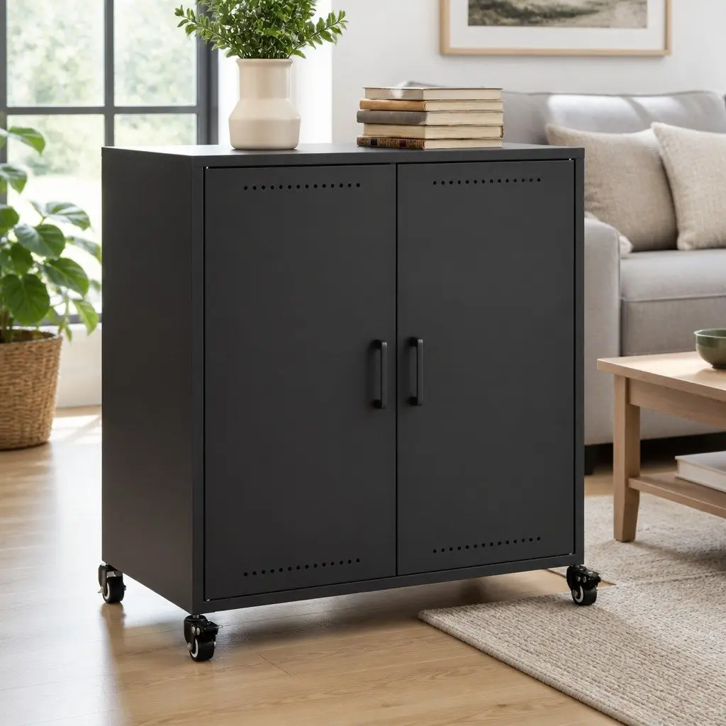 Black Sideboard with Wheels for Storage Solutions