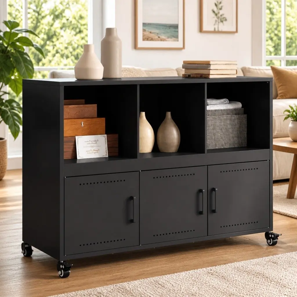 Black Sideboard Storage Cabinet with Wheels