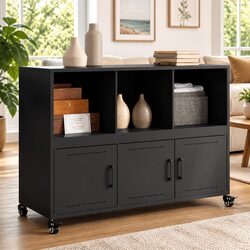 Durable Black Sideboard Storage Cabinet with Wheels