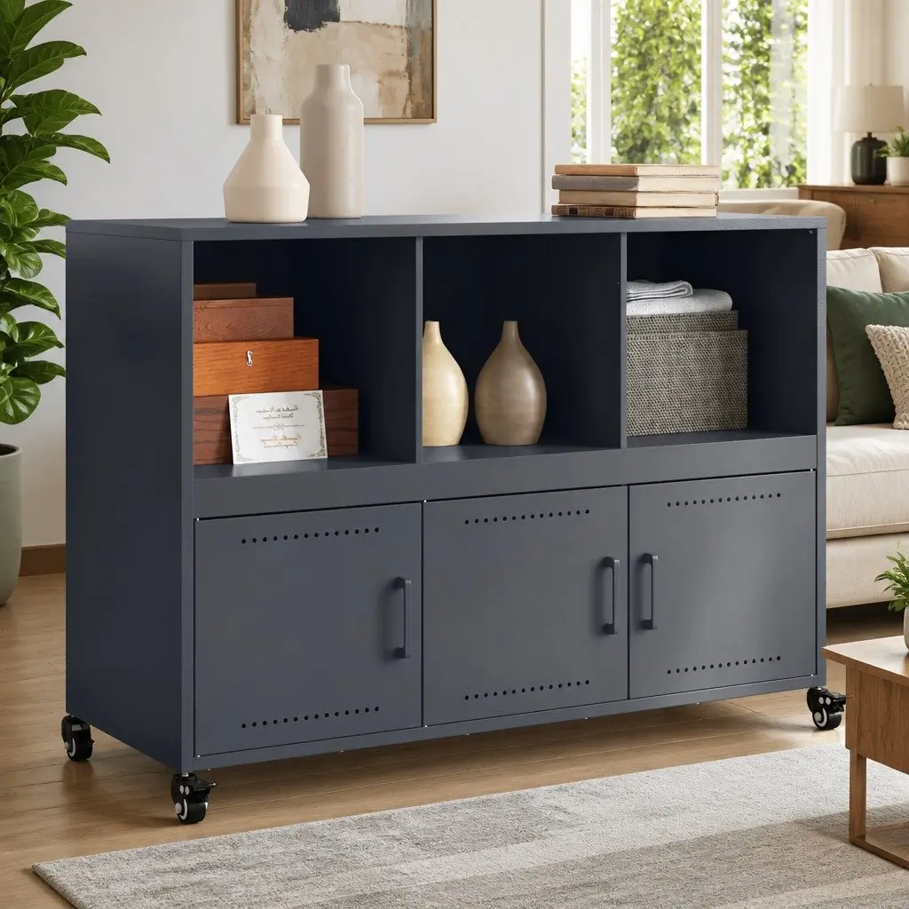 Anthracite Sideboard Storage Cabinet with Steel Wheels