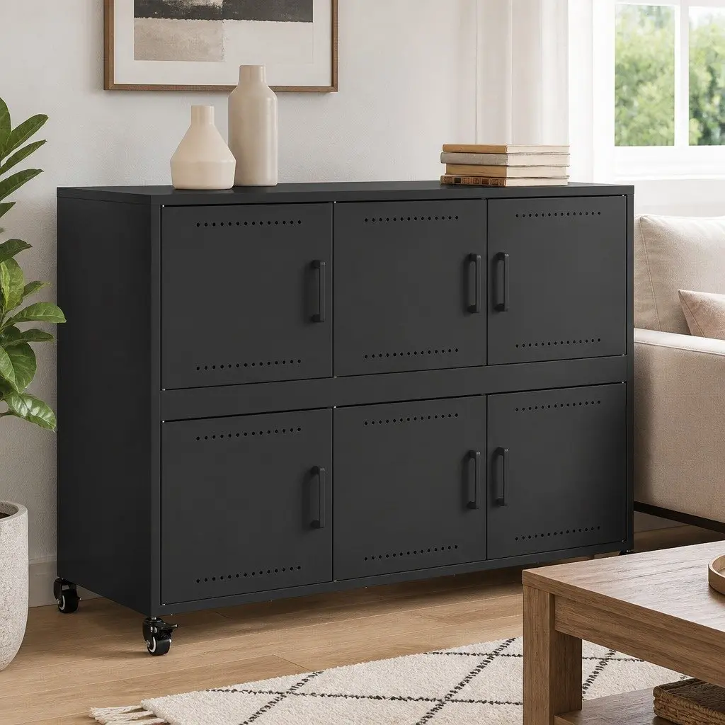 Black Storage Sideboard Cabinet with Steel Wheels