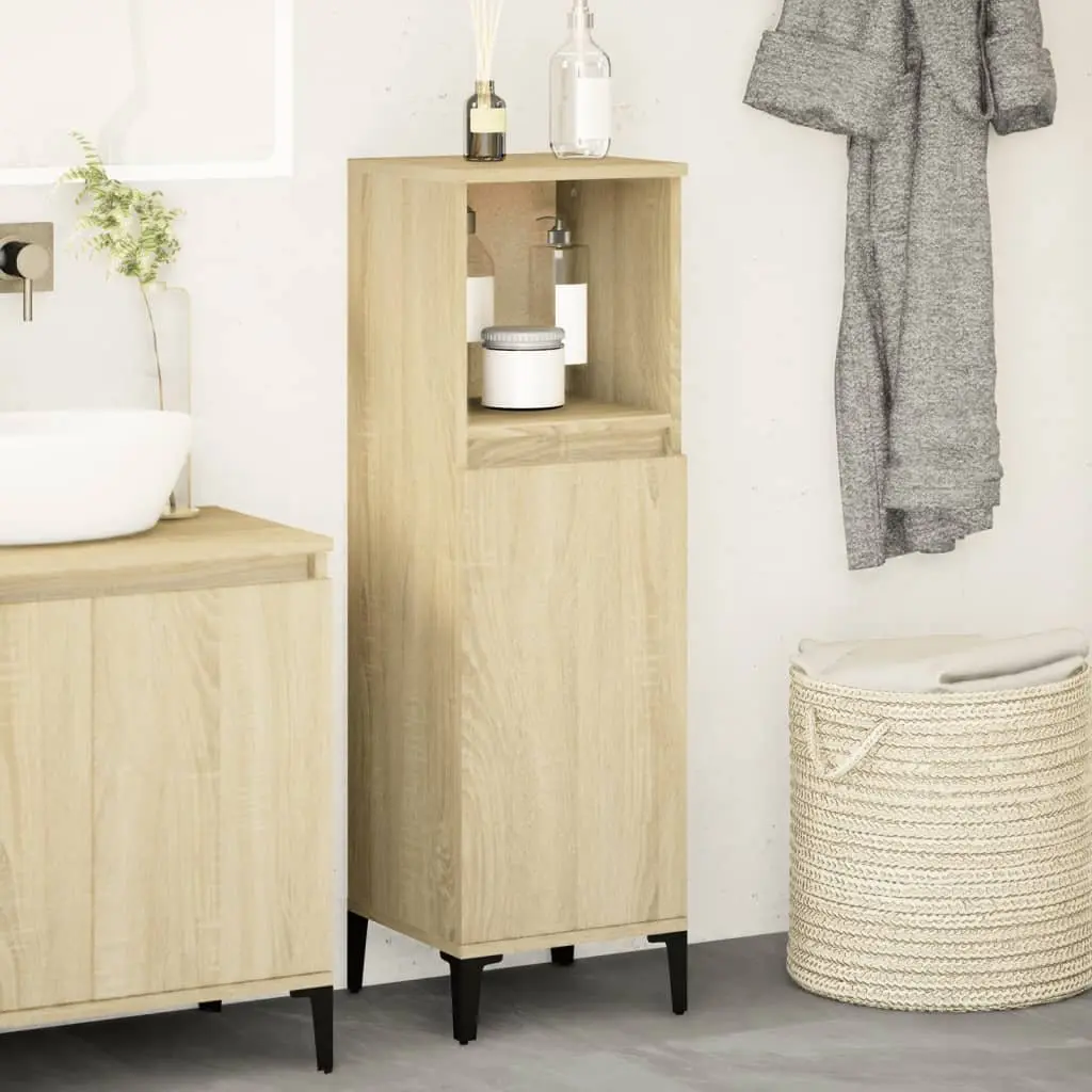 Bathroom Cabinet Engineered Wood Brown 30x30x100cm Storage Cupboard with Open Compartment and Doors