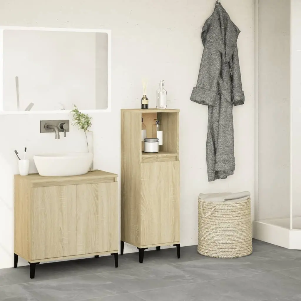 Bathroom Cabinet Engineered Wood Brown 30x30x100cm Storage Cupboard with Open Compartment and Doors