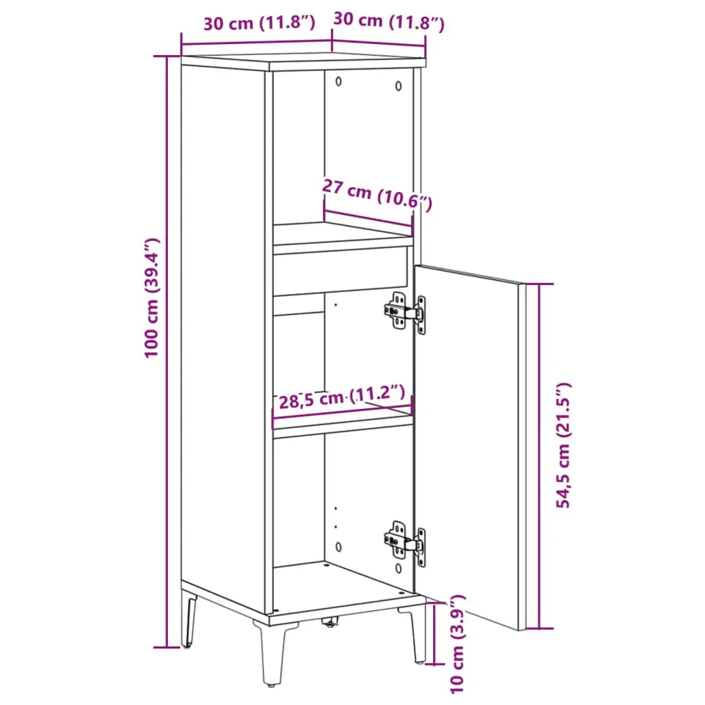 Bathroom Cabinet Engineered Wood Brown 30x30x100cm Storage Cupboard with Open Compartment and Doors