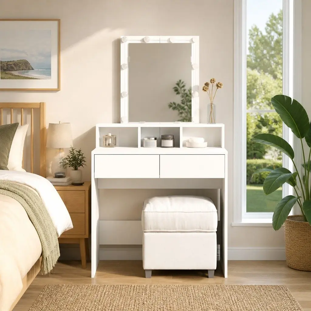 White Dressing Table with LED Mirror and Storage
