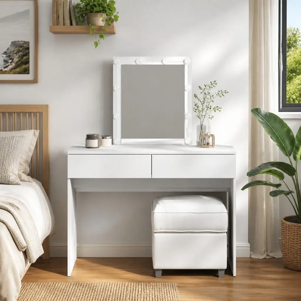 White Dressing Table with LED Mirror and Drawers