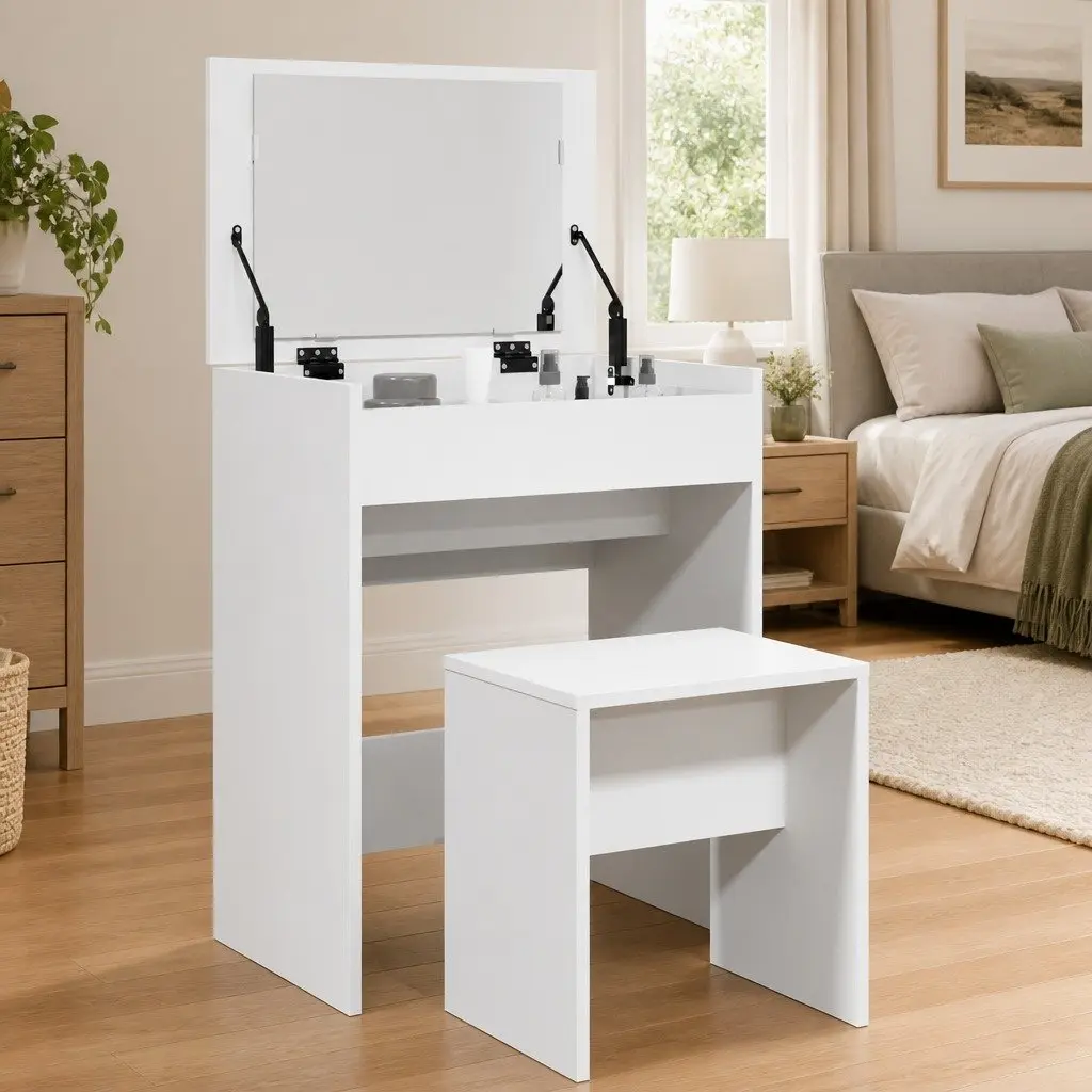 White Dressing Table with Mirror and Stool