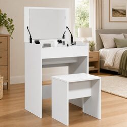 Elegant White Dressing Table with Mirror and Stool