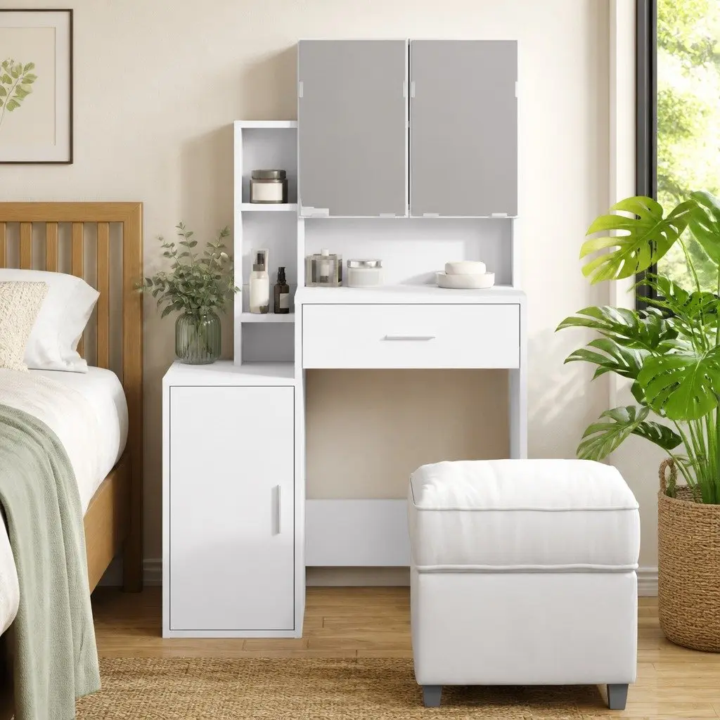 Bedroom Vanity with Mirror and Storage in White