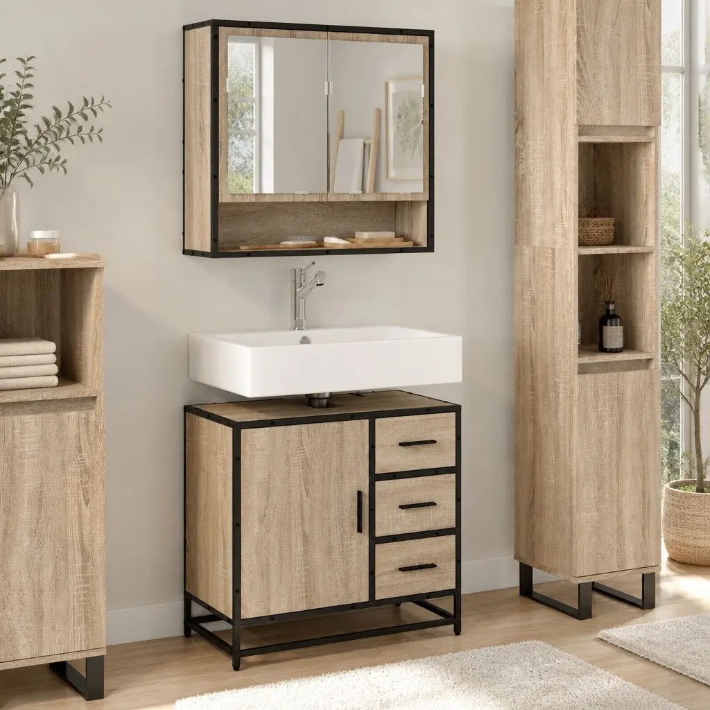 Bathroom Sink Cabinet Brown Engineered Wood Vanity Unit 65x33x60 cm Storage