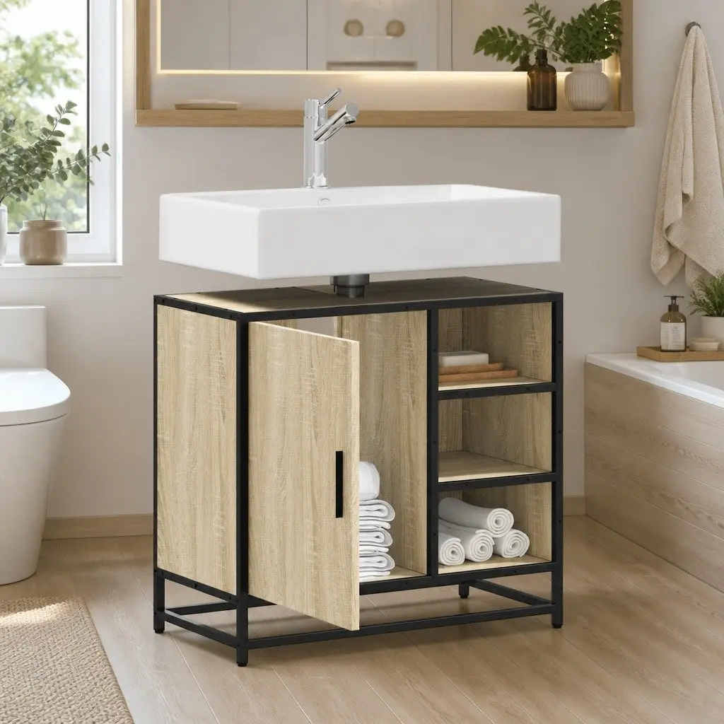Brown Engineered Wood Bathroom Sink Cabinet with Metal Frame
