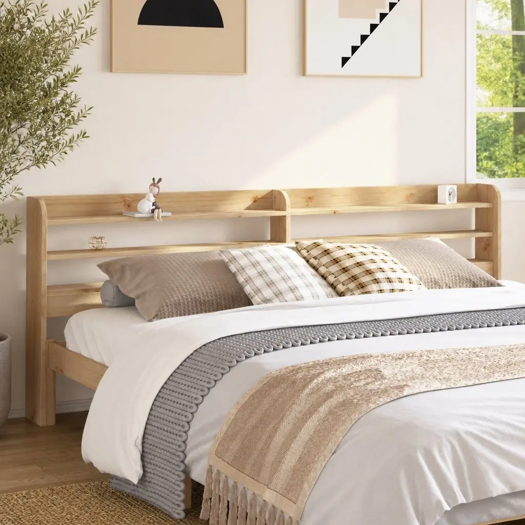 Brown Pine Headboard with Storage Shelves 180 cm