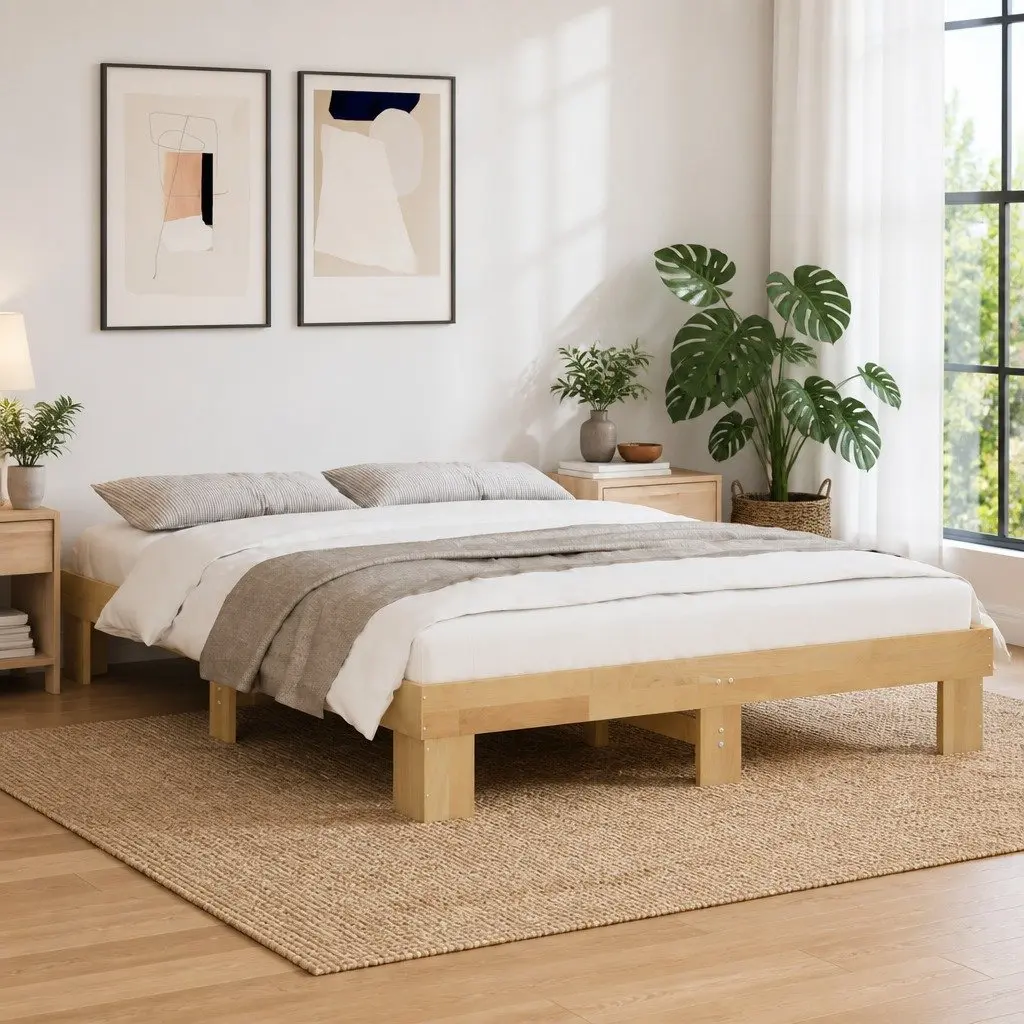 Solid Oak Bed Frame 135x190 cm with Slatted Base