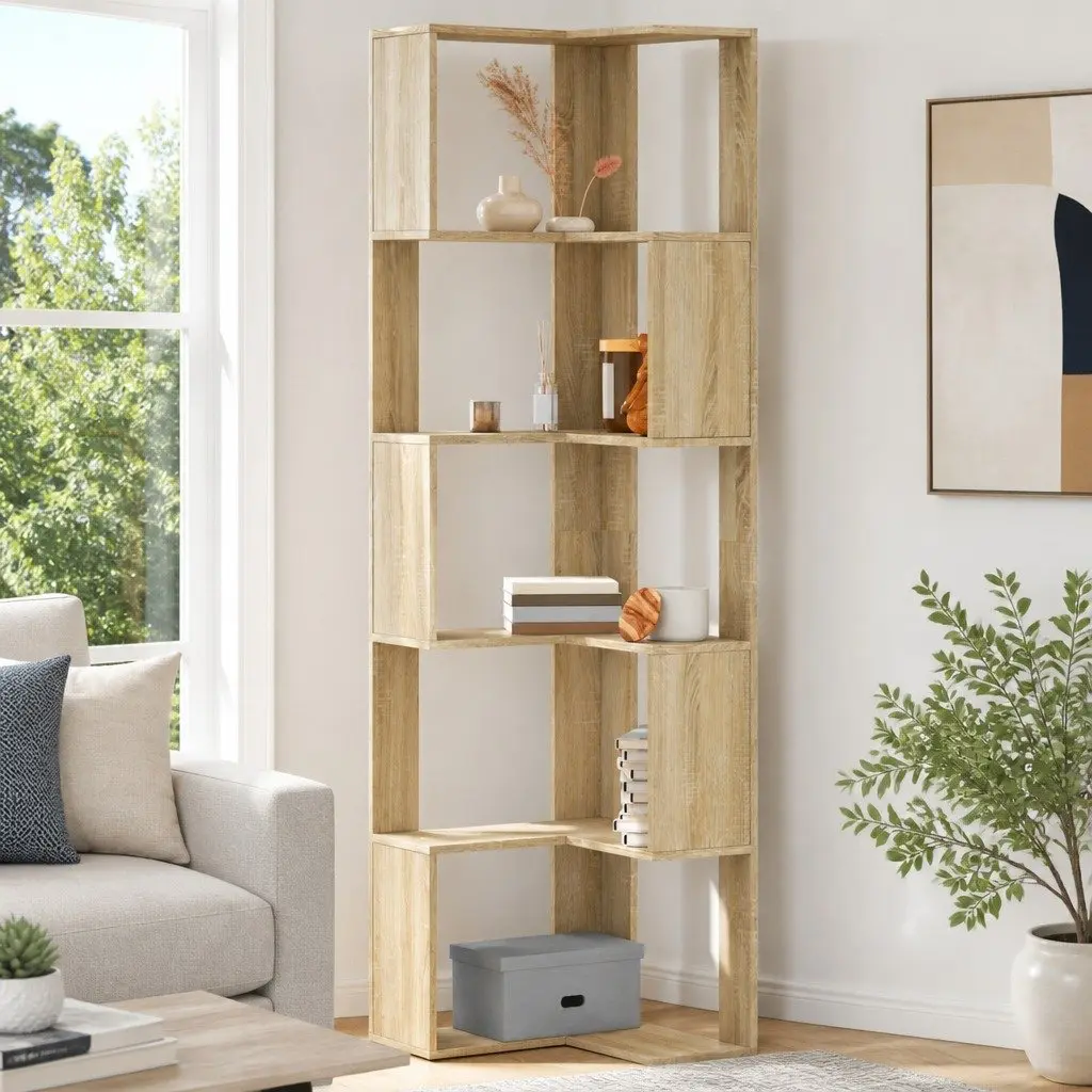 Corner Bookcase Engineered Wood 5-Tier Brown Sonoma Oak Storage Display Shelf